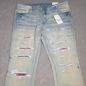 MNML X459 Skinny Denim Jeans Mens Light Blue Distressed Flannel Repair 40 X 33